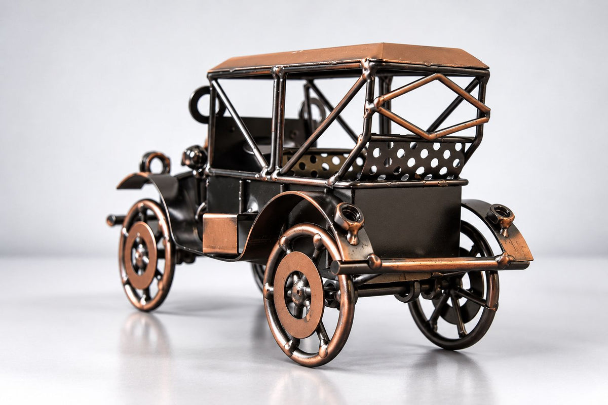 CARRO CLASICO VINTAGE ARTESANAL DE METAL, DECORACION INDUSTRIAL STEAMPUNK.