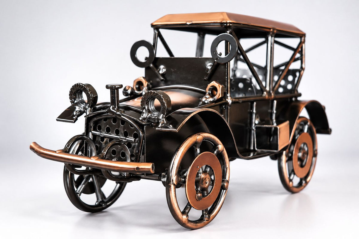 CARRO CLASICO VINTAGE ARTESANAL DE METAL, DECORACION INDUSTRIAL STEAMPUNK.